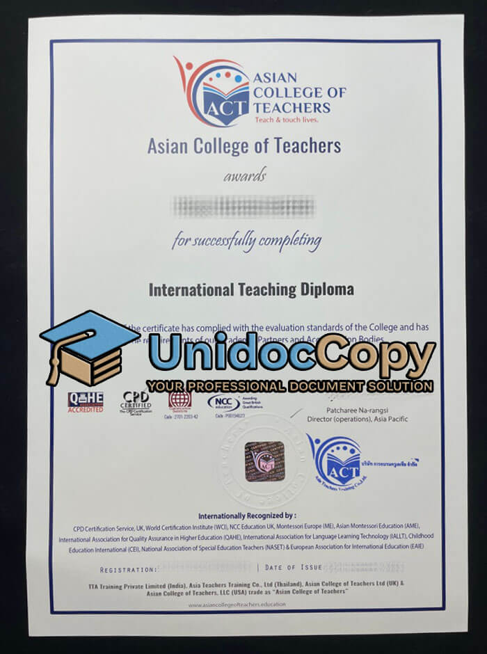 Asian College of Teachers certificate