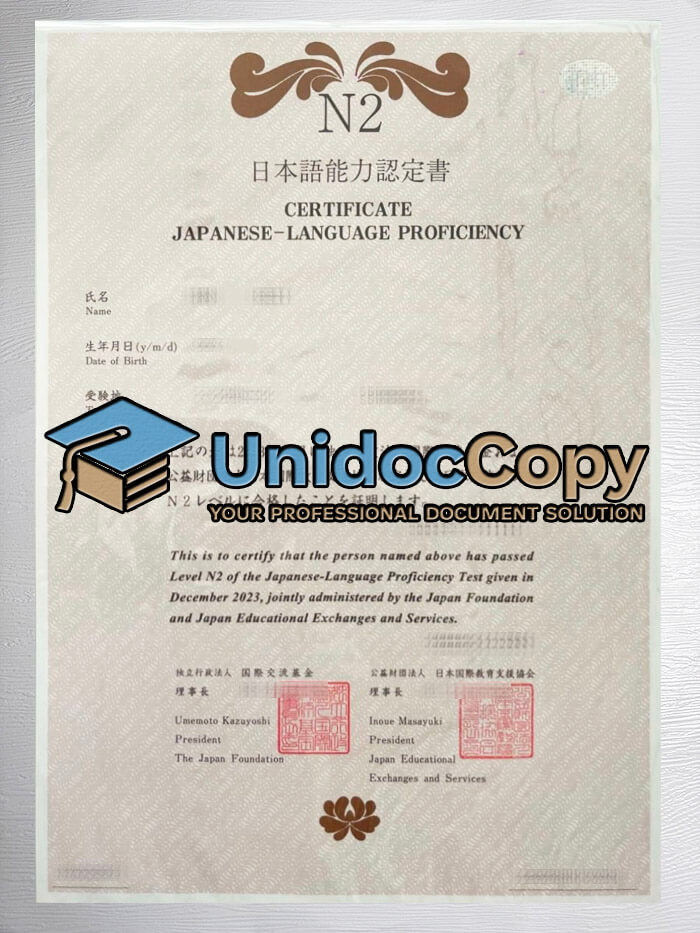 N2 Japanese certificate, N2 Japanese diploma