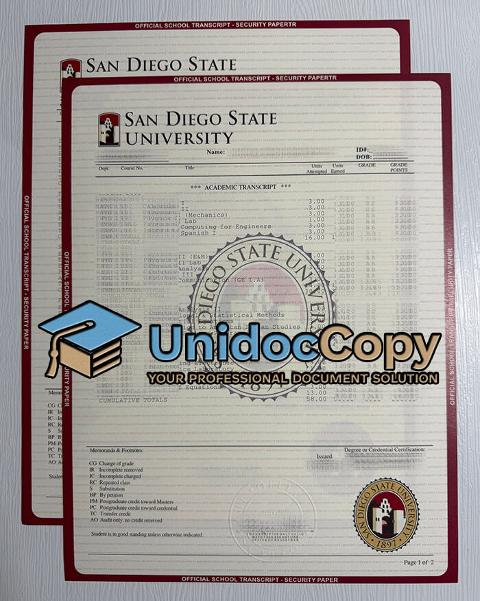 San Diego State University transcript, SDSU diploma