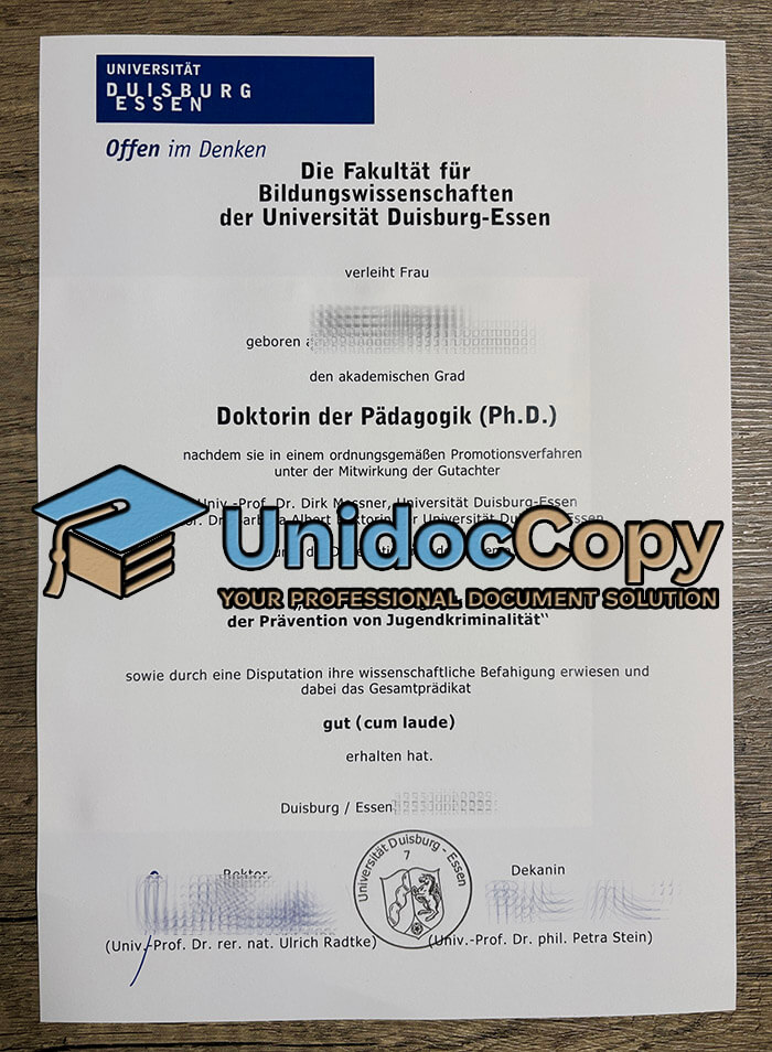Universität Duisburg Essen certificate