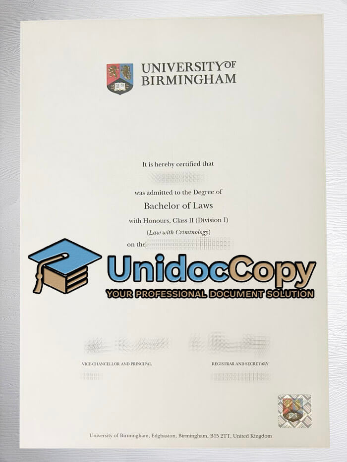University of Birmingham certificate