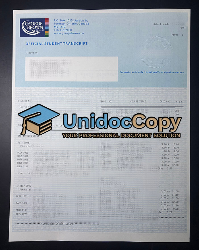 George Brown College transcript