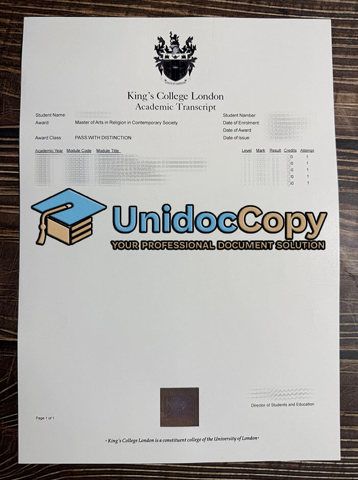 King's College London transcript