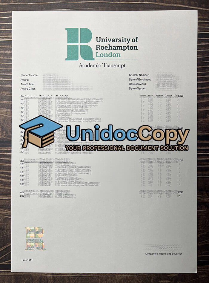 Roehampton University transcript