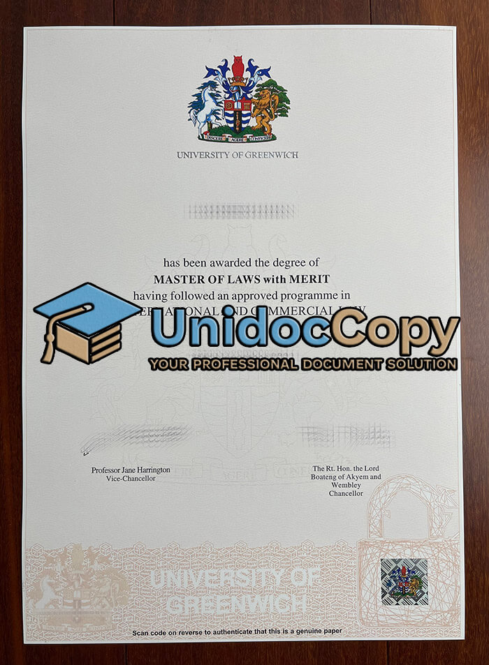 University of Greenwich certificate