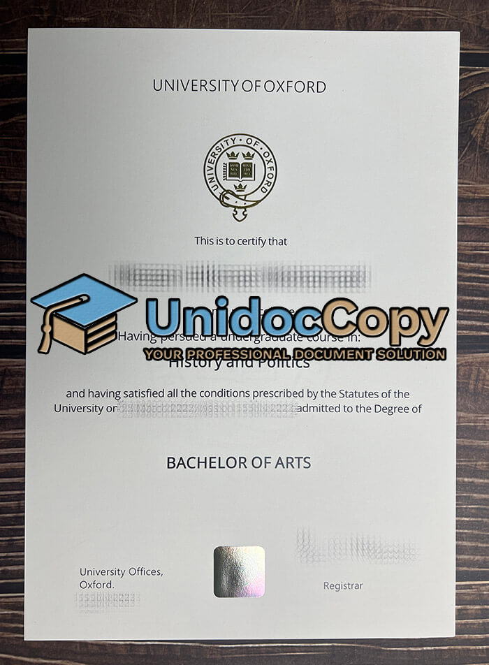 University of Oxford certificate