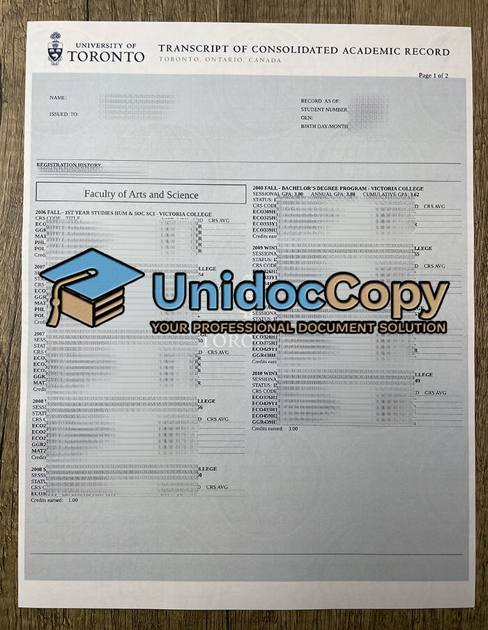 University of Toronto transcript