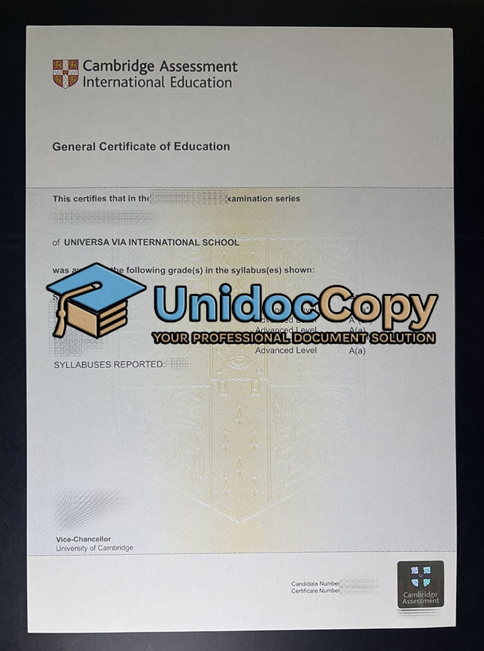Cambridge Assessment GCE certificate