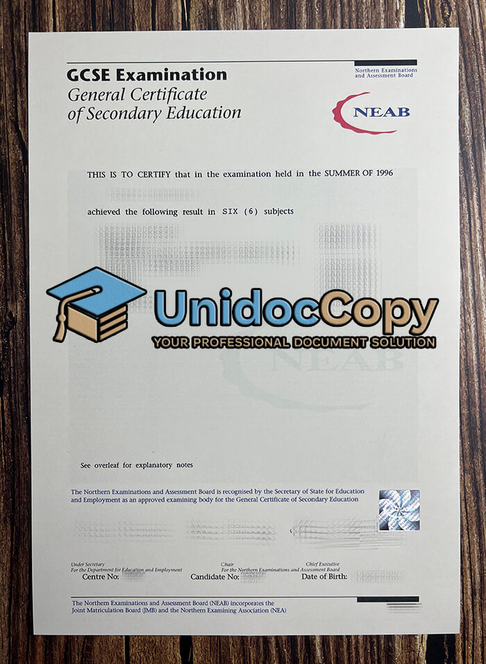 NEAB GCSE Examination certificate