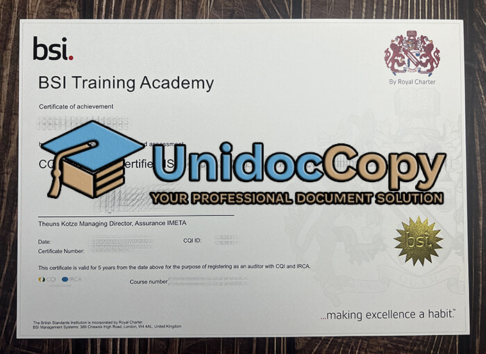 BSI Training Academy certificate